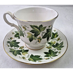 Vintage Queen Anne Green Ivy Leaf Bone China Teacup and Saucer Made in England